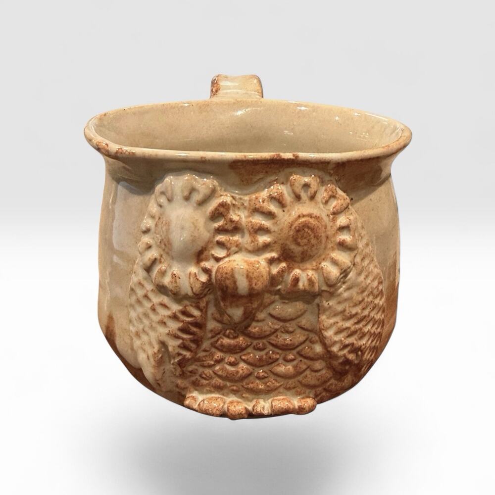 Handmade Studio Pottery High Relief Owl Mug Rustic Stoneware Cream Brown Cup